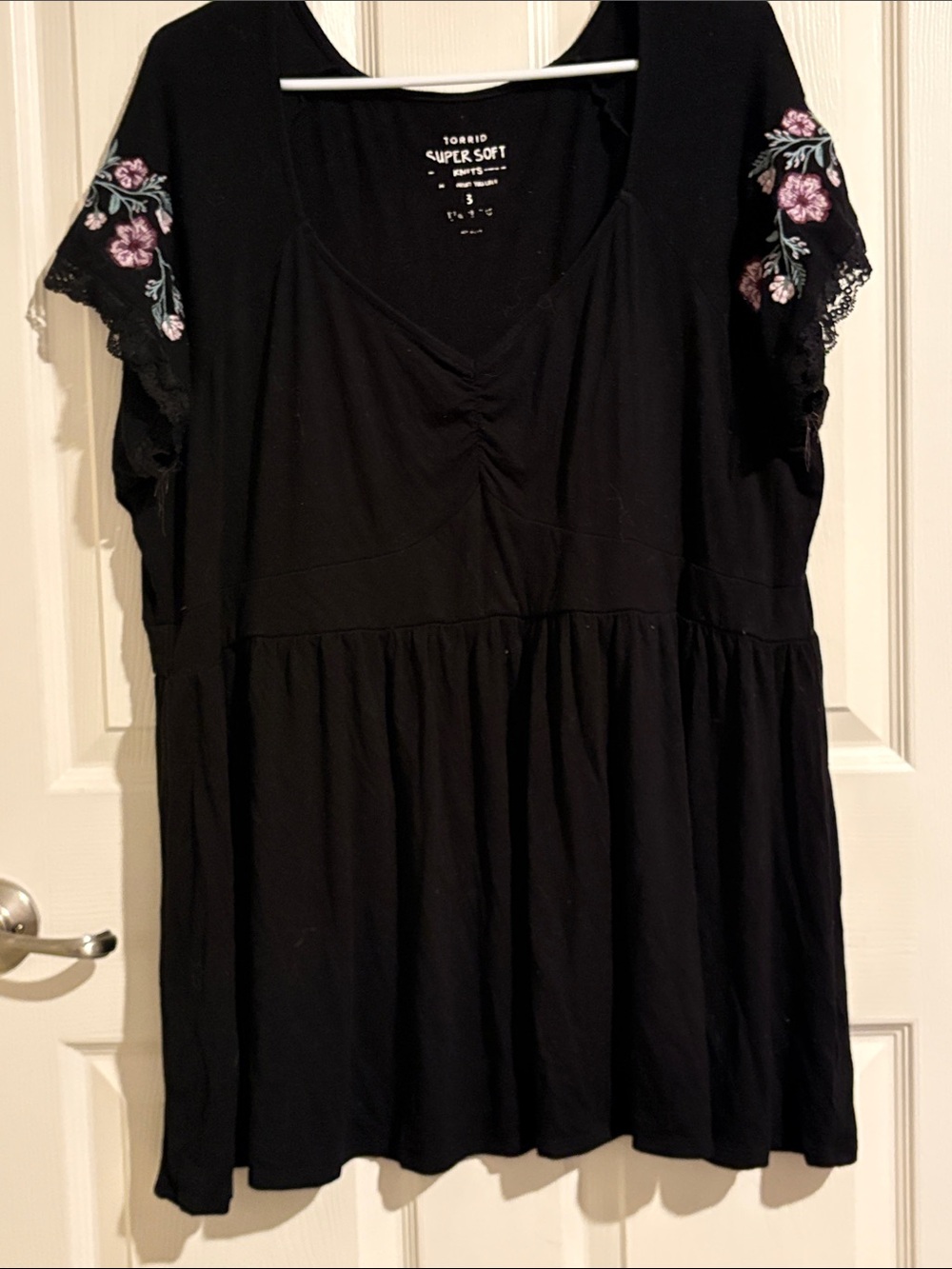 torrid Black Babydoll Top with Pink Floral Embroidery